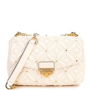 Michael Kors Soho Floral Quilted Leather Foldover Studded Shoulder Light Cream